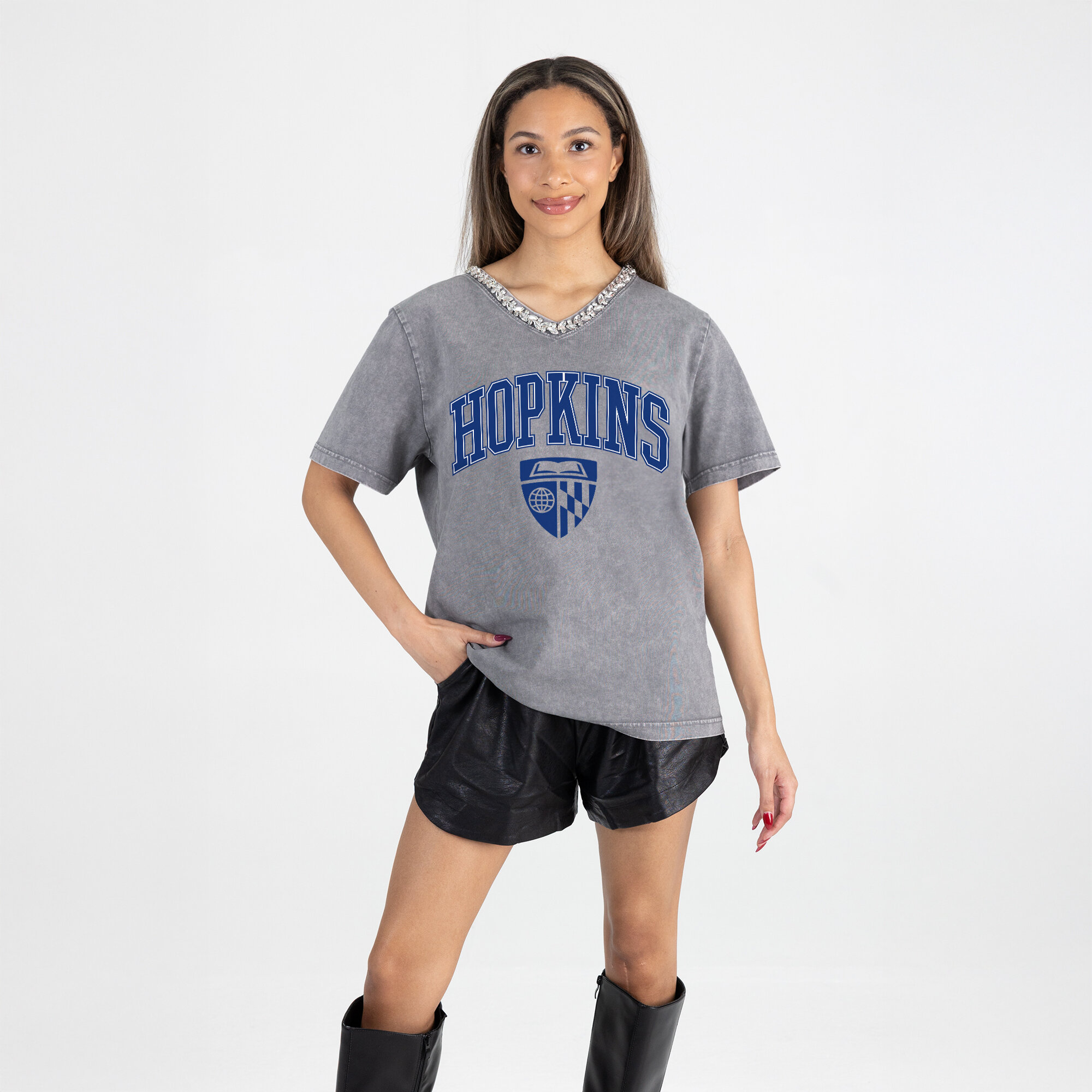 Women’s Gameday Couture Gray Johns Hopkins Blue Jays Iconic Edge Rhinestone V-Neck T-Shirt Women’s Gameday Couture Gray Johns Hopkins Blue Jays Iconic Edge Rhinestone V-Neck T-Shirt