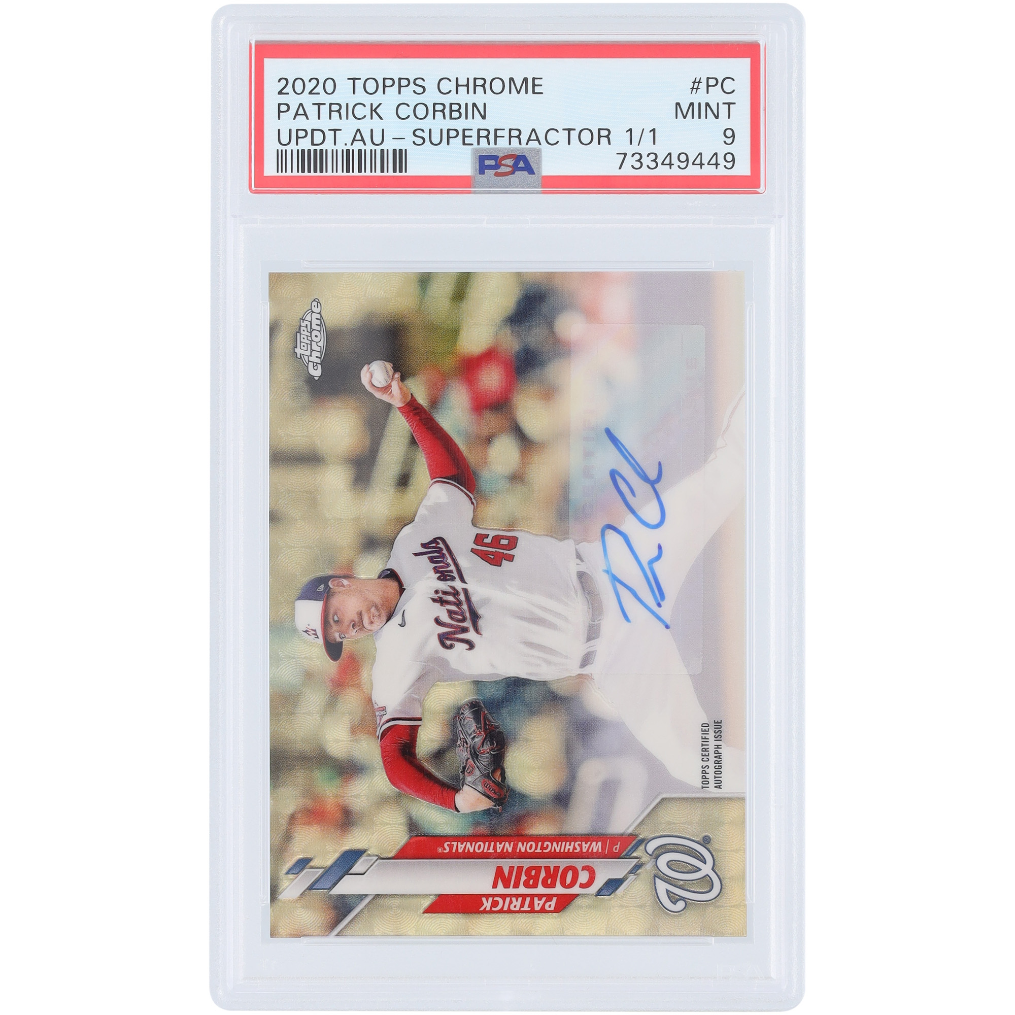 Patrick Corbin Washington Nationals Autographed 2020 Topps Chrome Update Superfractor #USA-PC #1/1 PSA Authenticated Mint 9 Card