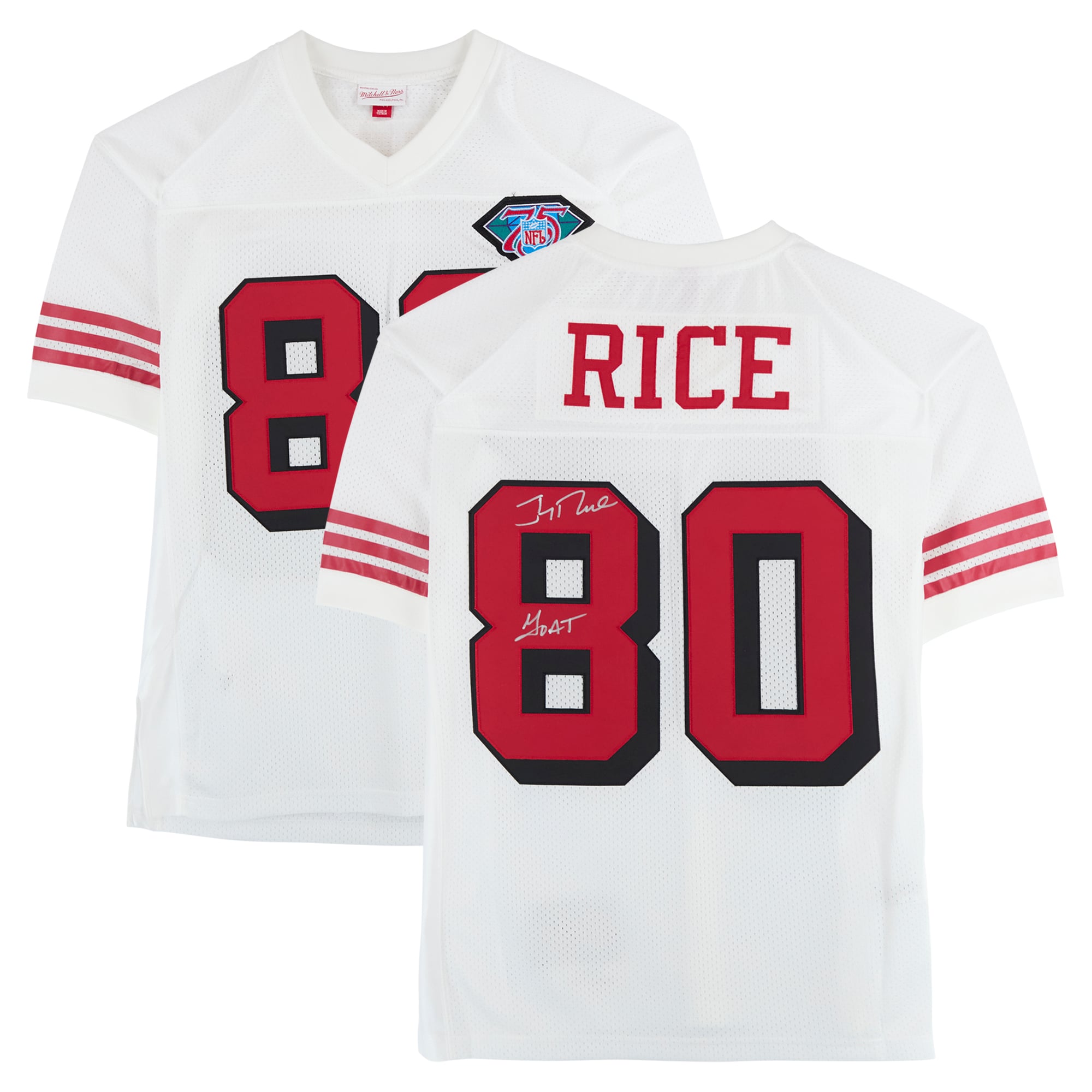 Maillot authentique blanc autographié par Jerry Rice des San Francisco 49ers, Mitchell et Ness, avec inscription « GOAT »