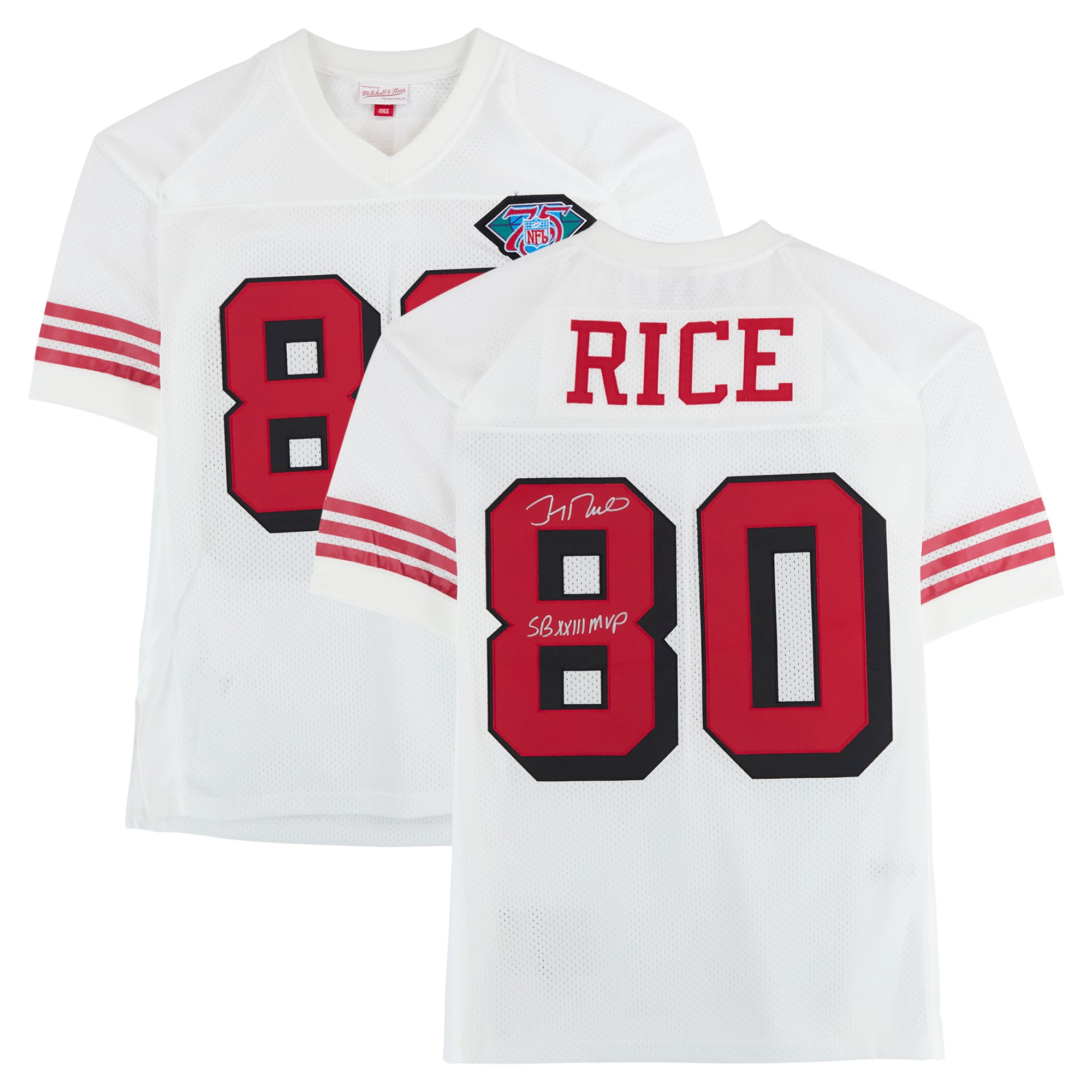 Maillot authentique blanc autographié par Jerry Rice des San Francisco 49ers, Mitchell et Ness, avec inscription « SB XXIII MVP ».
