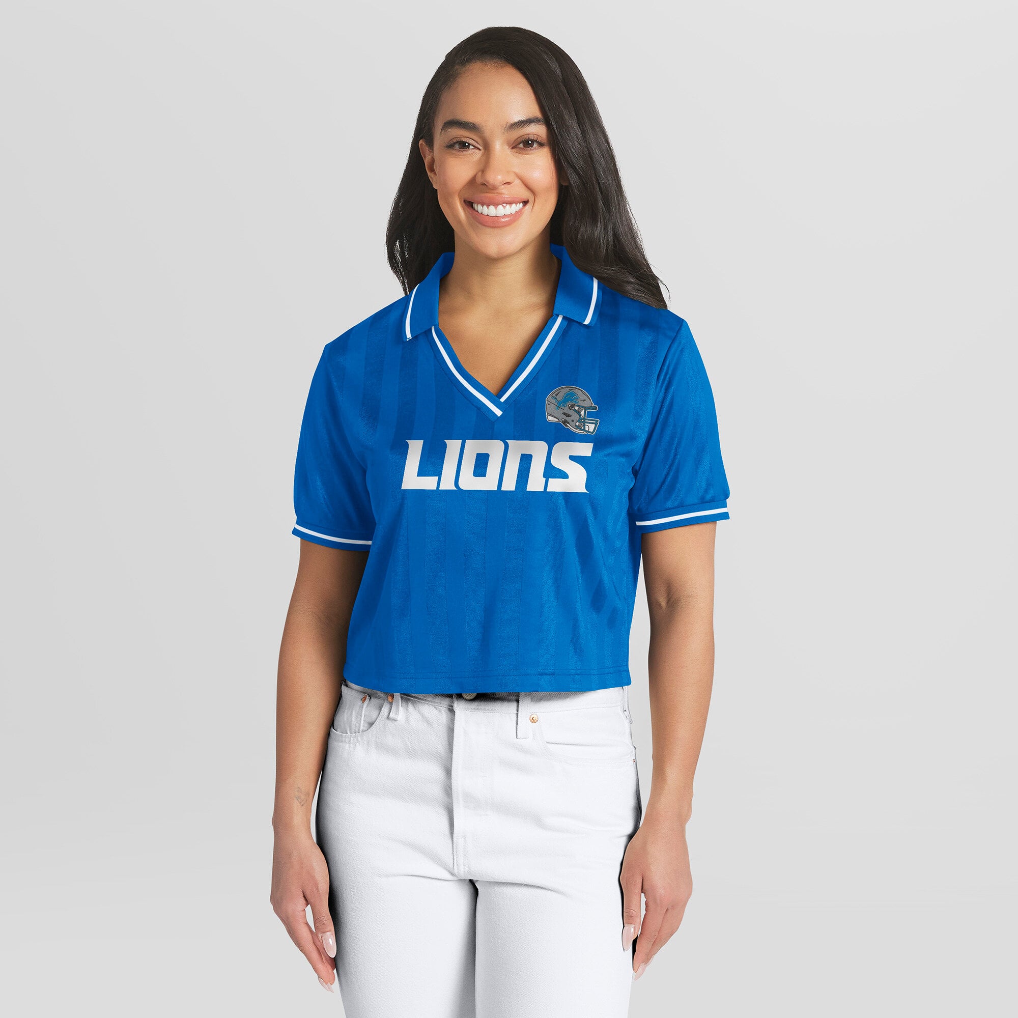 Women's WEAR by Erin Andrews  Blue Detroit Lions Cropped Jersey Polo