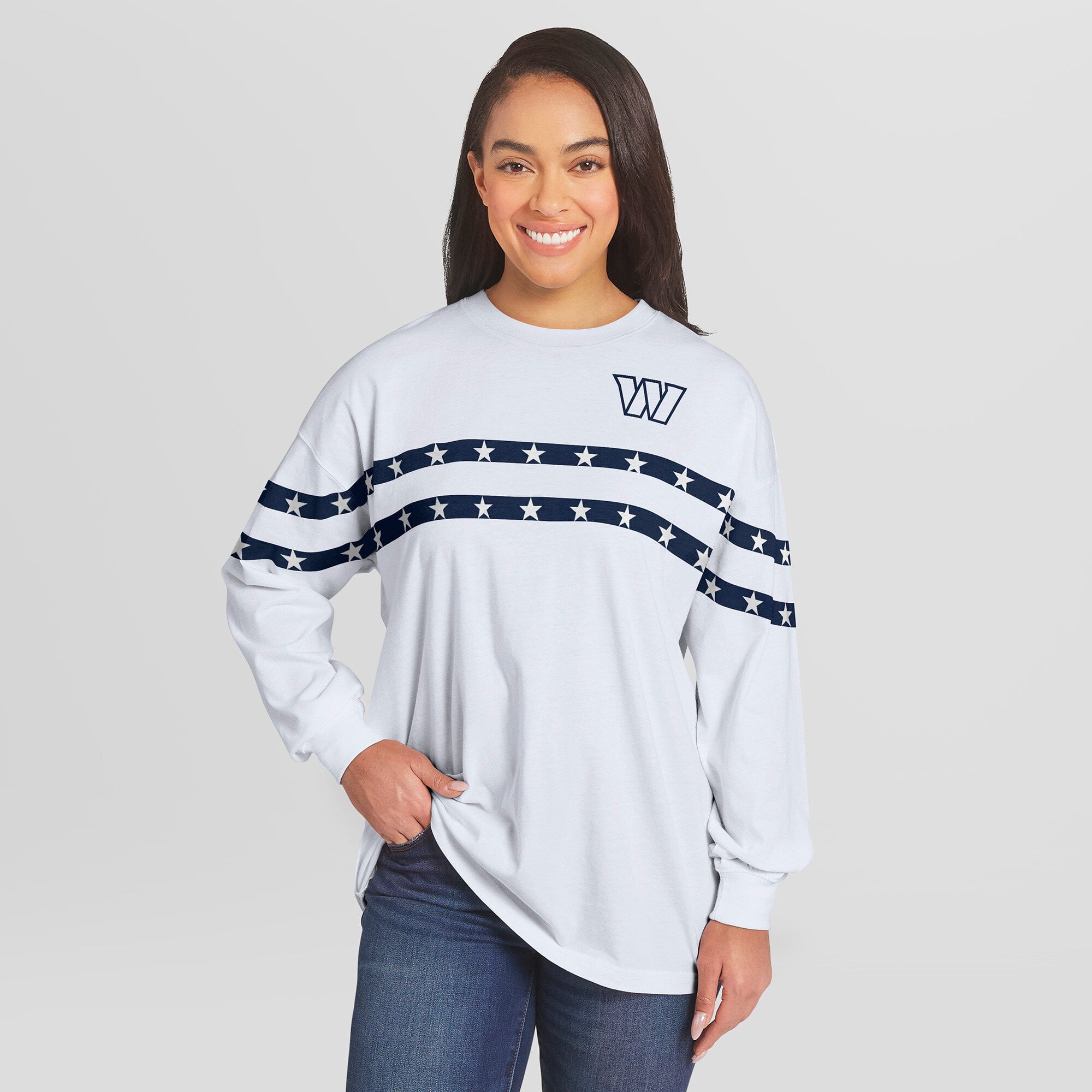 Women's WEAR by Erin Andrews  White Washington Commanders Americana Stripe Long Sleeve T-Shirt