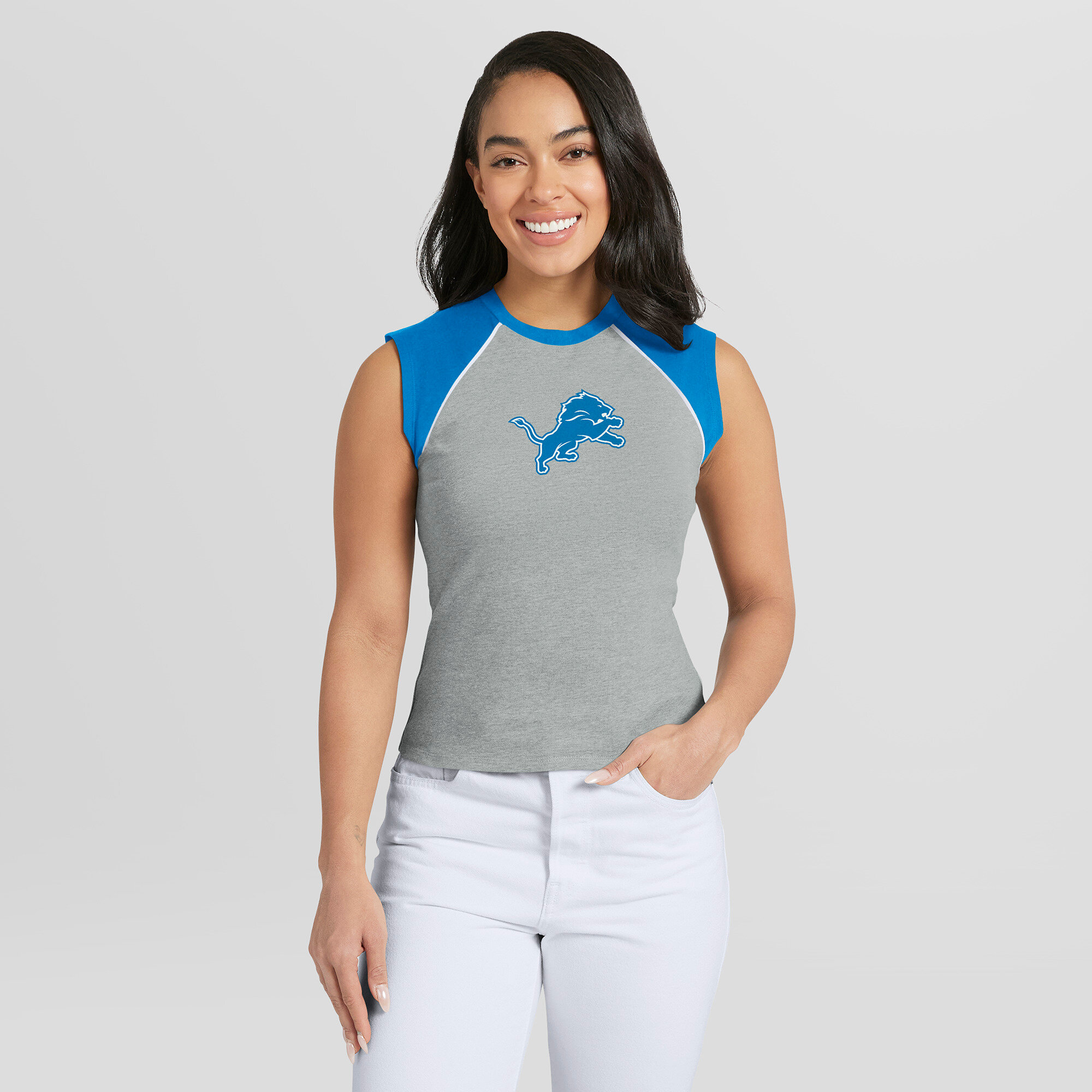 Women's WEAR by Erin Andrews  Heather Gray Detroit Lions Cropped Raglan Tank Top