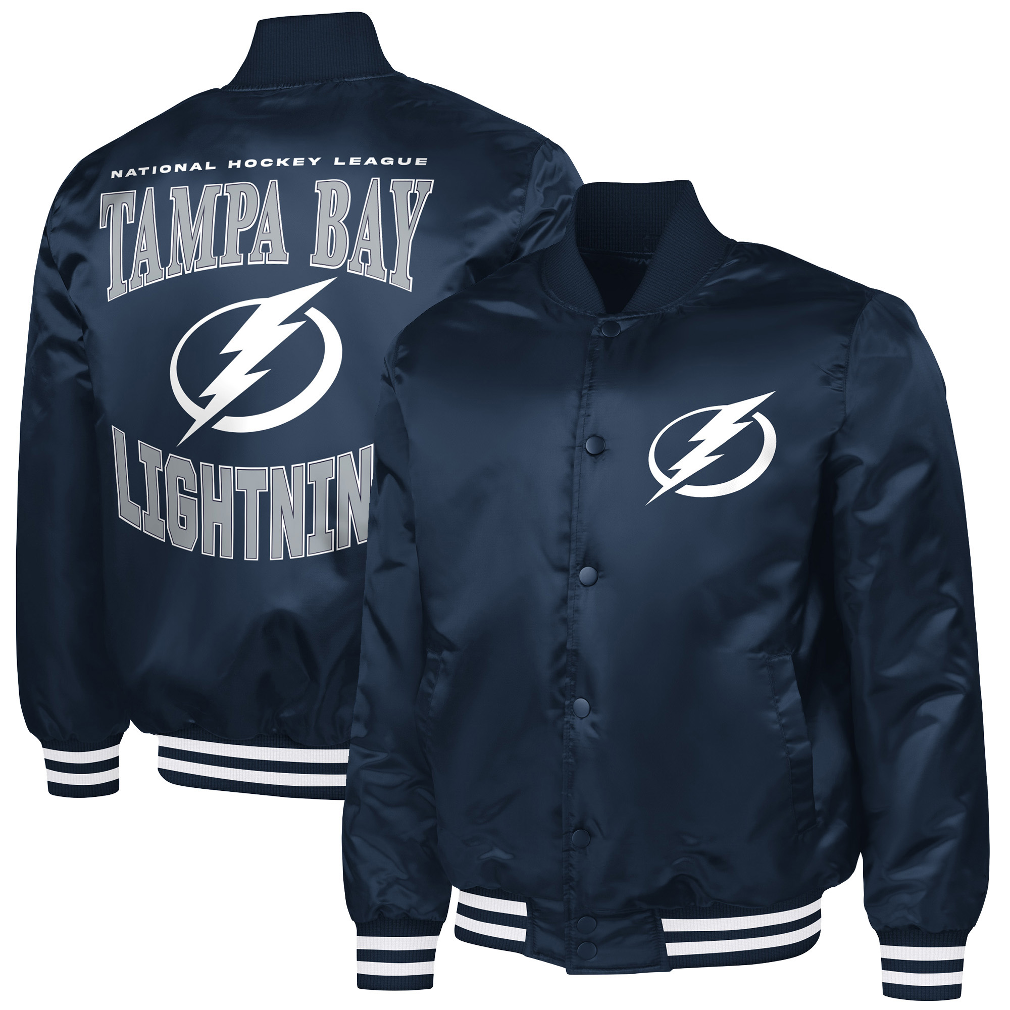 Men's G-III Sports by Carl Banks Blue Tampa Bay Lightning Adaptive Bold Logo Satin Full-Snap Varsity Jacket