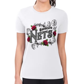Women's G-III 4Her by Carl Banks White Brooklyn Nets Super-Slim Fit Lightweight Roses Crew Neck T-Shirt