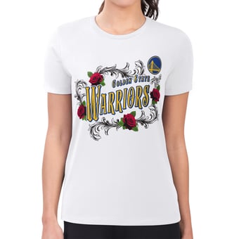 Women's G-III 4Her by Carl Banks White Golden State Warriors Super-Slim Fit Lightweight Roses Crew Neck T-Shirt
