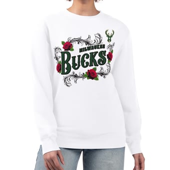 Women's G-III 4Her by Carl Banks White Milwaukee Bucks Roses Fleece Tri-Blend Sweatshirt