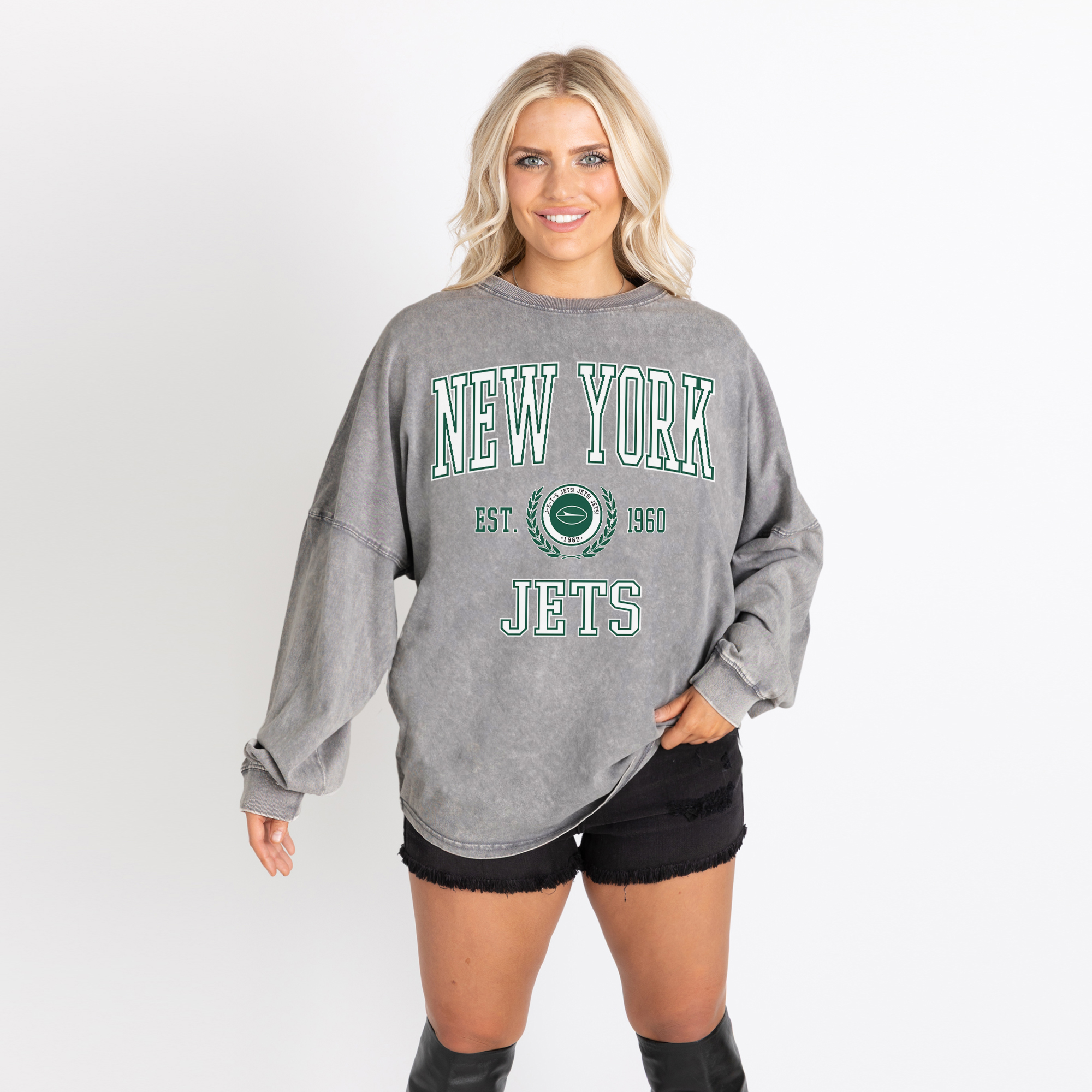 Women's Gameday Couture Gray New York Jets Oversized Final Score Snow Wash Long Sleeve T-Shirt