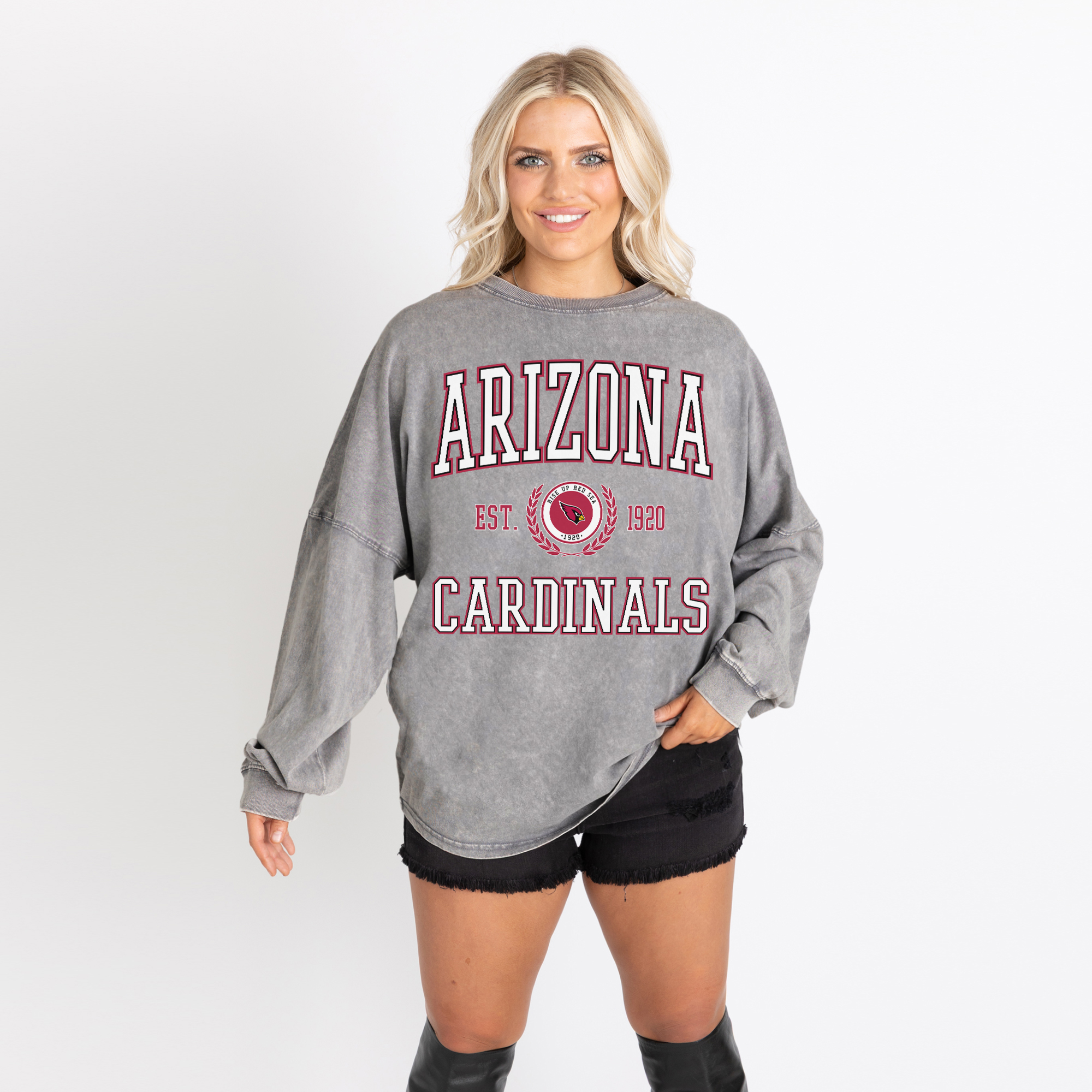 Women's Gameday Couture Gray Arizona Cardinals Oversized Final Score Snow Wash Long Sleeve T-Shirt