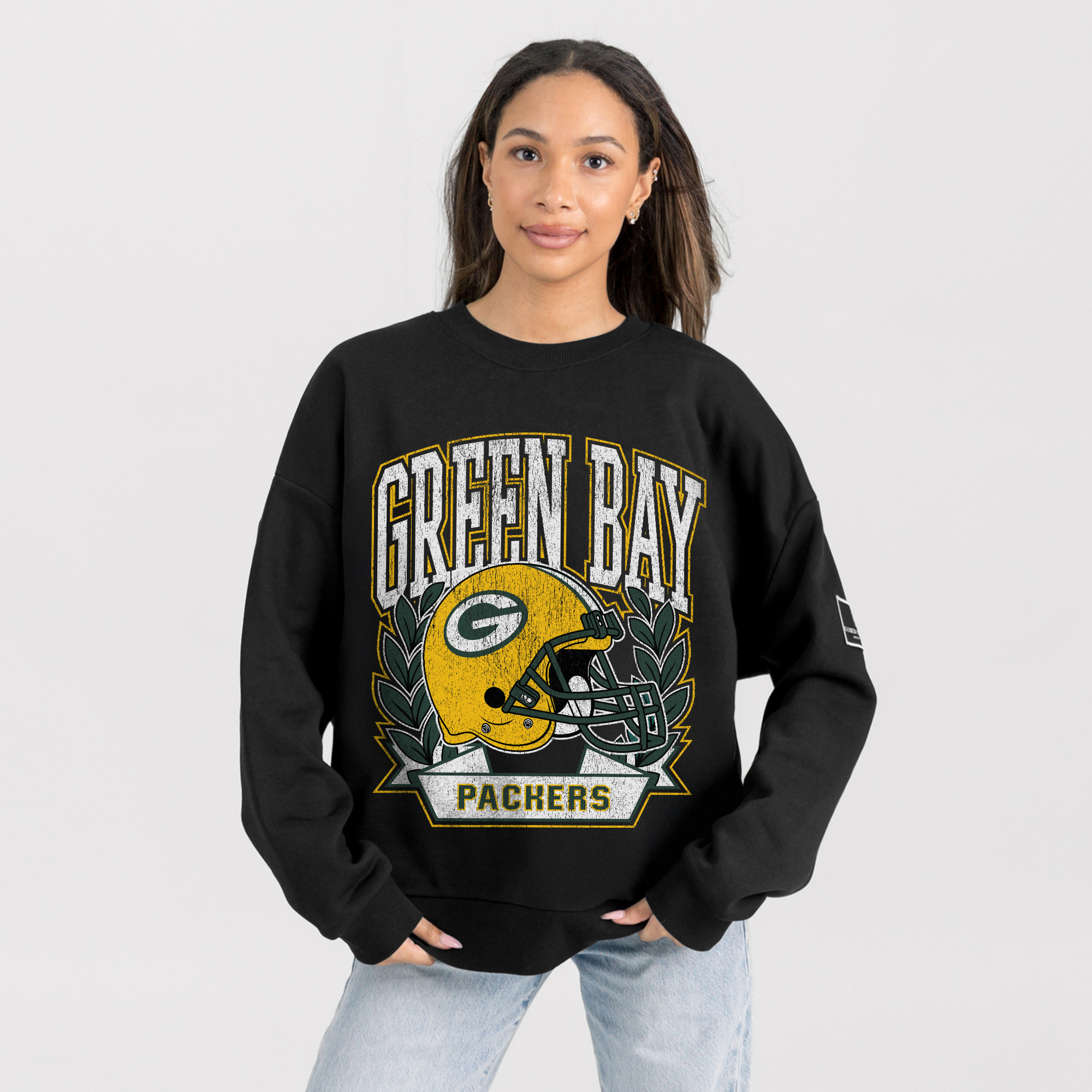 Women's Gameday Couture Black Green Bay Packers Oversized Victory Lane Black Label Premium Fleece Sweatshirt