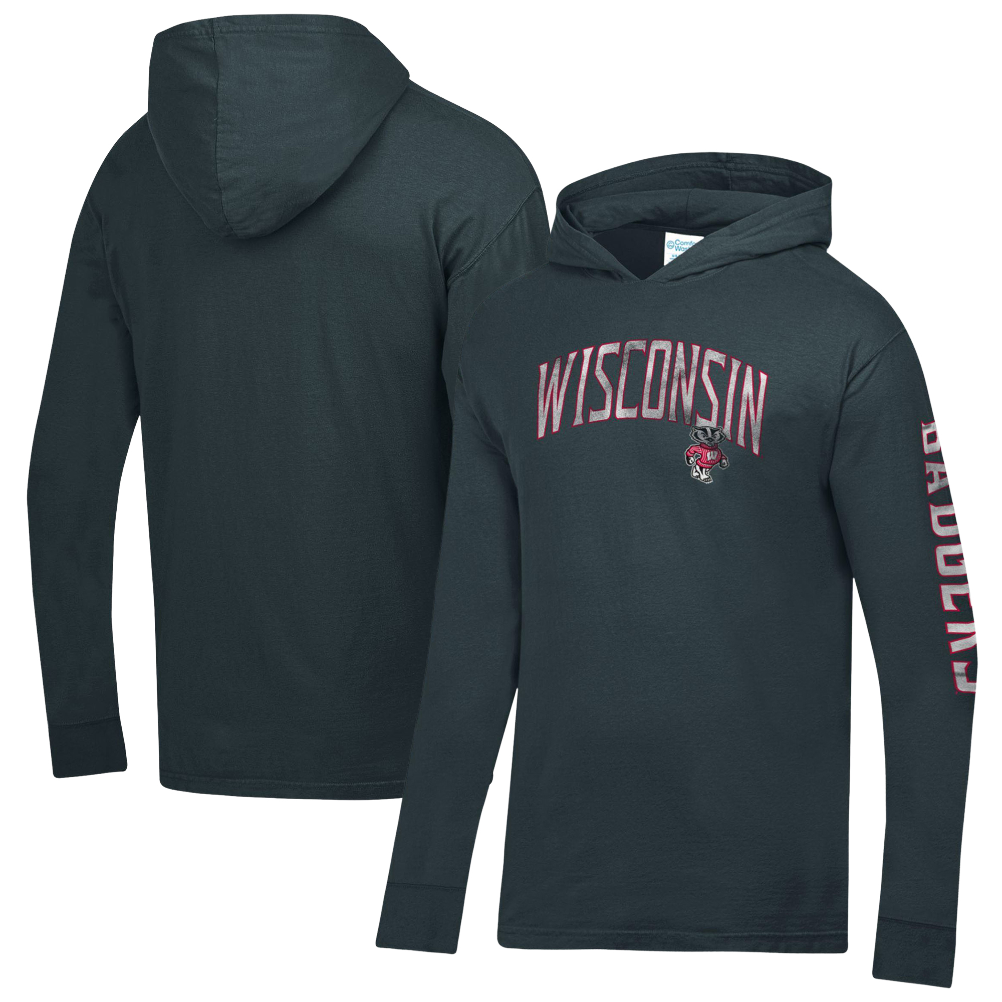 Men’s ComfortWash Charcoal Wisconsin Badgers Long Sleeve Hooded T-Shirt Men’s ComfortWash Charcoal Wisconsin Badgers Long Sleeve Hooded T-Shirt