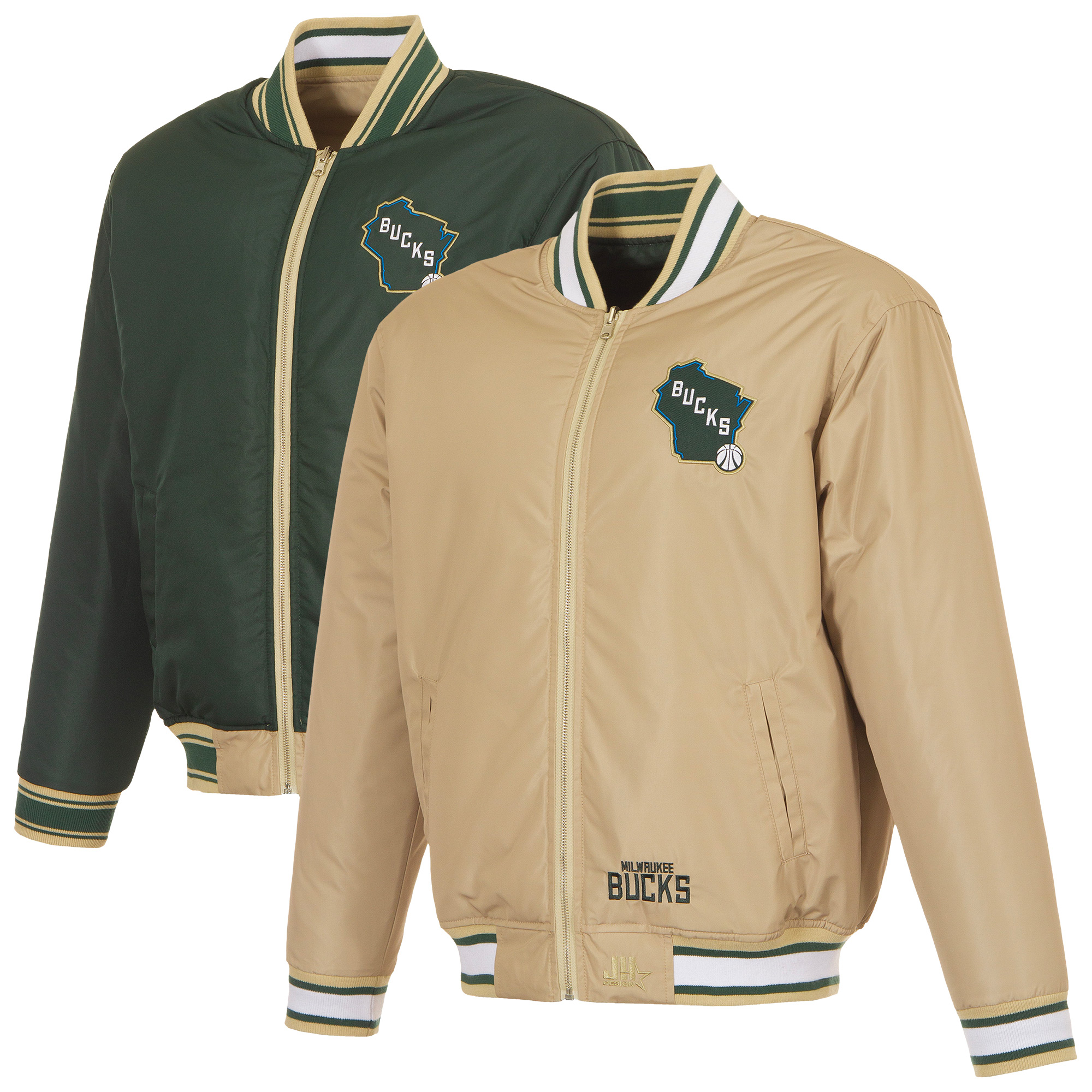 Men's JH Design Cream/Hunter Green Milwaukee Bucks Reversible Full-Zip Flight Jacket