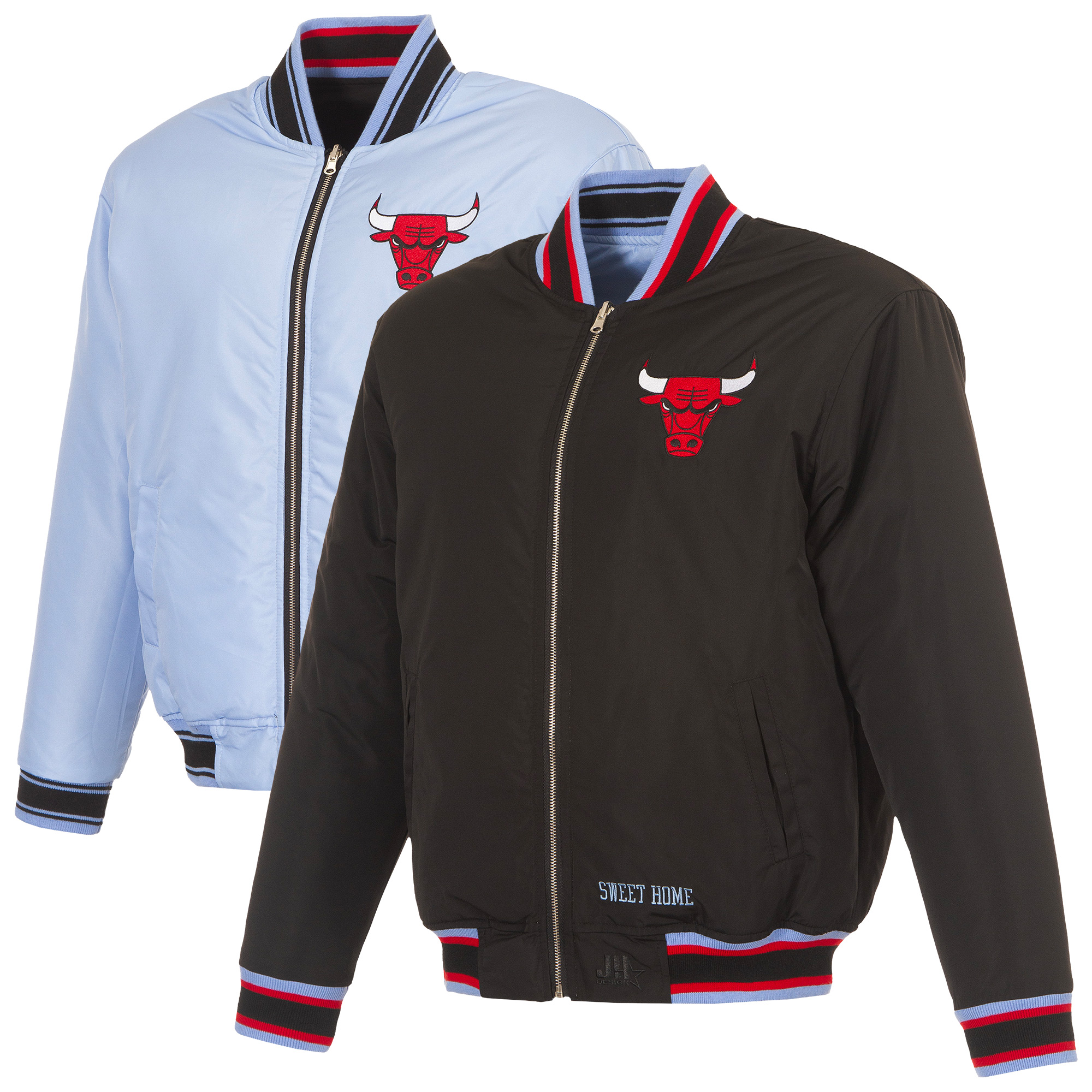 Men's JH Design Black/Light Blue Chicago Bulls Reversible Full-Zip Flight Jacket