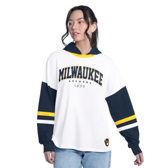 Women's G-III 4Her by Carl Banks  White/Navy Milwaukee Brewers Key Player Oversized Hooded Long Sleeve T-Shirt