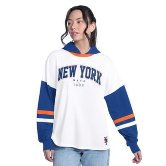 Women's G-III 4Her by Carl Banks  White/Royal New York Mets Key Player Oversized Hooded Long Sleeve T-Shirt
