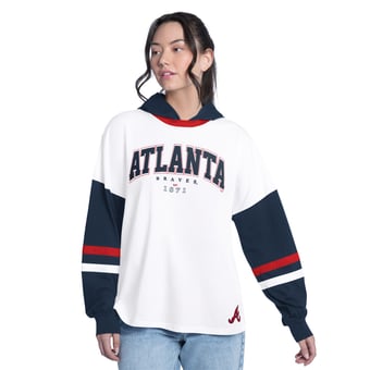 Women's G-III 4Her by Carl Banks  White/Navy Atlanta Braves Key Player Oversized Hooded Long Sleeve T-Shirt