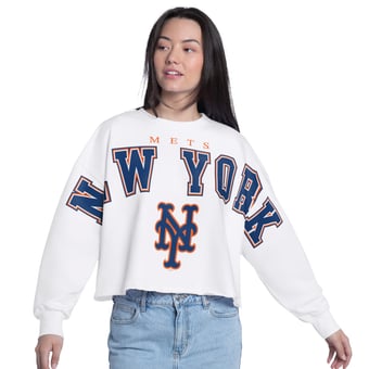 Women's G-III 4Her by Carl Banks White New York Mets Bleachers Cropped Pullover Sweatshirt