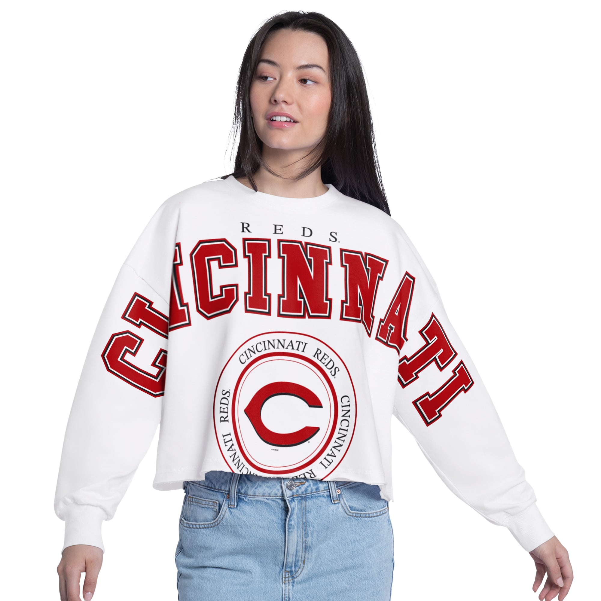 Women's G-III 4Her by Carl Banks White Cincinnati Reds Bleachers Cropped Pullover Sweatshirt