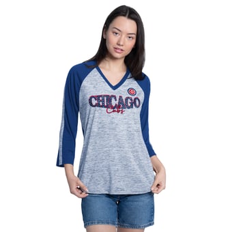 Women's G-III 4Her by Carl Banks Royal/Heather Gray Chicago Cubs Speed Training 3/4-Sleeve Rhinestone V-Neck T-Shirt
