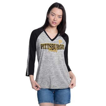Women's G-III 4Her by Carl Banks Black/Heather Black Pittsburgh Pirates Speed Training 3/4-Sleeve Rhinestone V-Neck T-Shirt