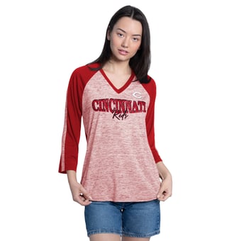 Women's G-III 4Her by Carl Banks Red/Heather Red Cincinnati Reds Speed Training 3/4-Sleeve Rhinestone V-Neck T-Shirt