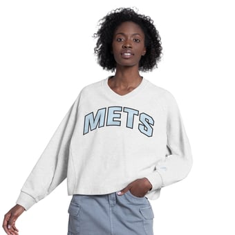 Women's Starter  Gray New York Mets Show Up Fashion Cropped V-Neck Sweatshirt