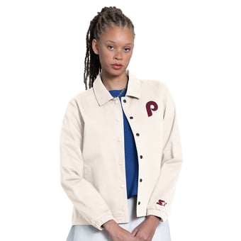 Women's Starter  Cream Philadelphia Phillies Cooperstown First Down Full-Snap Coaches Jacket