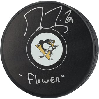 "Marc-Andre Fleury Pittsburgh Penguins Autographed Hockey Puck with ""Flower"" Inscription"