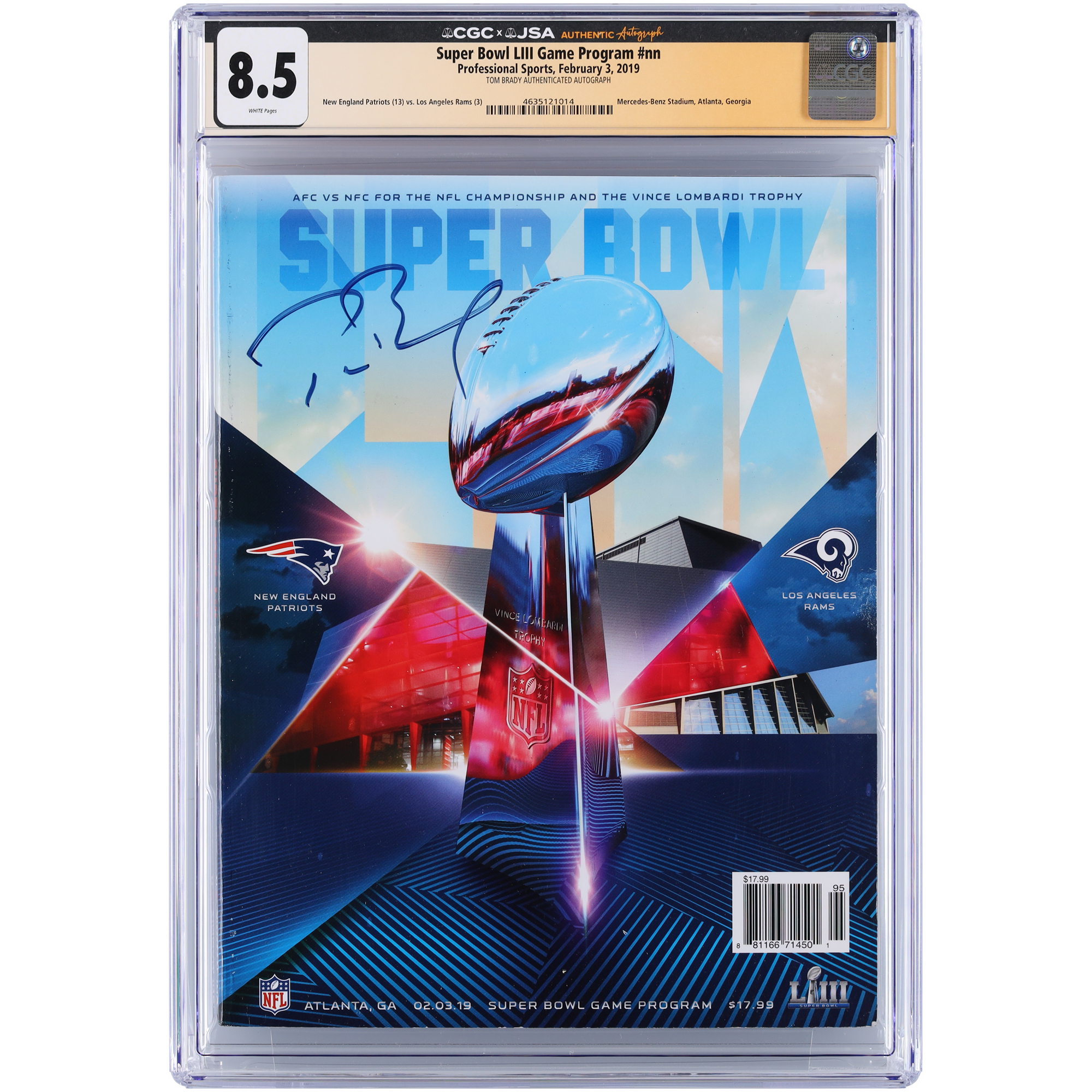 Tom Brady New England Patriots Autographed Super Bowl LIII CGC Authenticated 8.5 Program from February 3, 2019