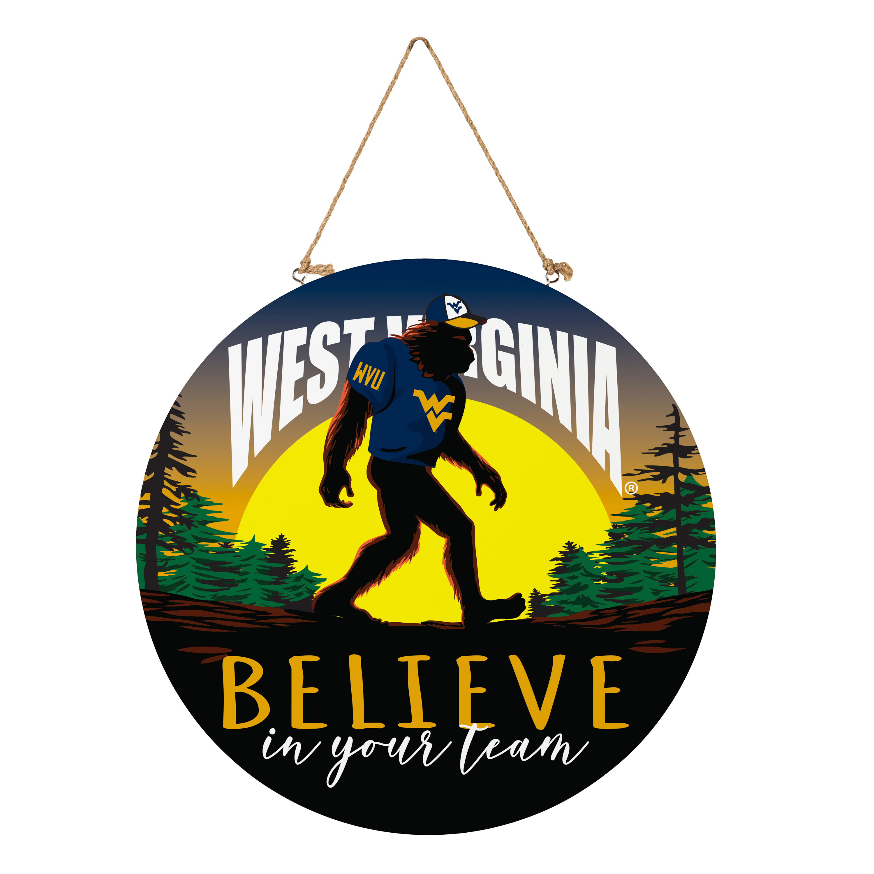 West Virginia Mountaineers 18" Bigfoot "Believe in Yourself" Team Logo Wood Round Door Sign