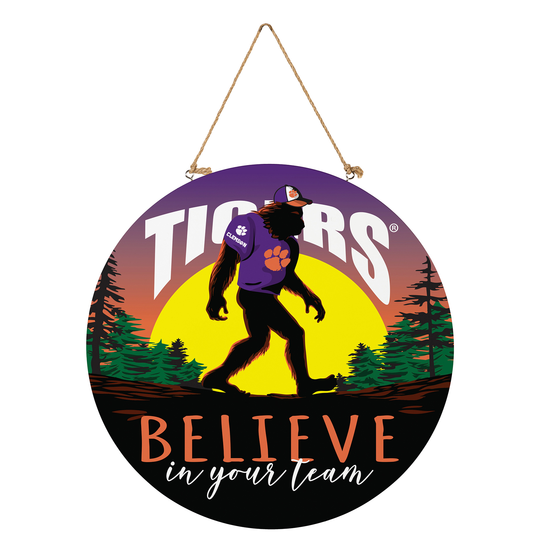 Clemson Tigers 18" Bigfoot "Believe in Yourself" Team Logo Wood Round Door Sign