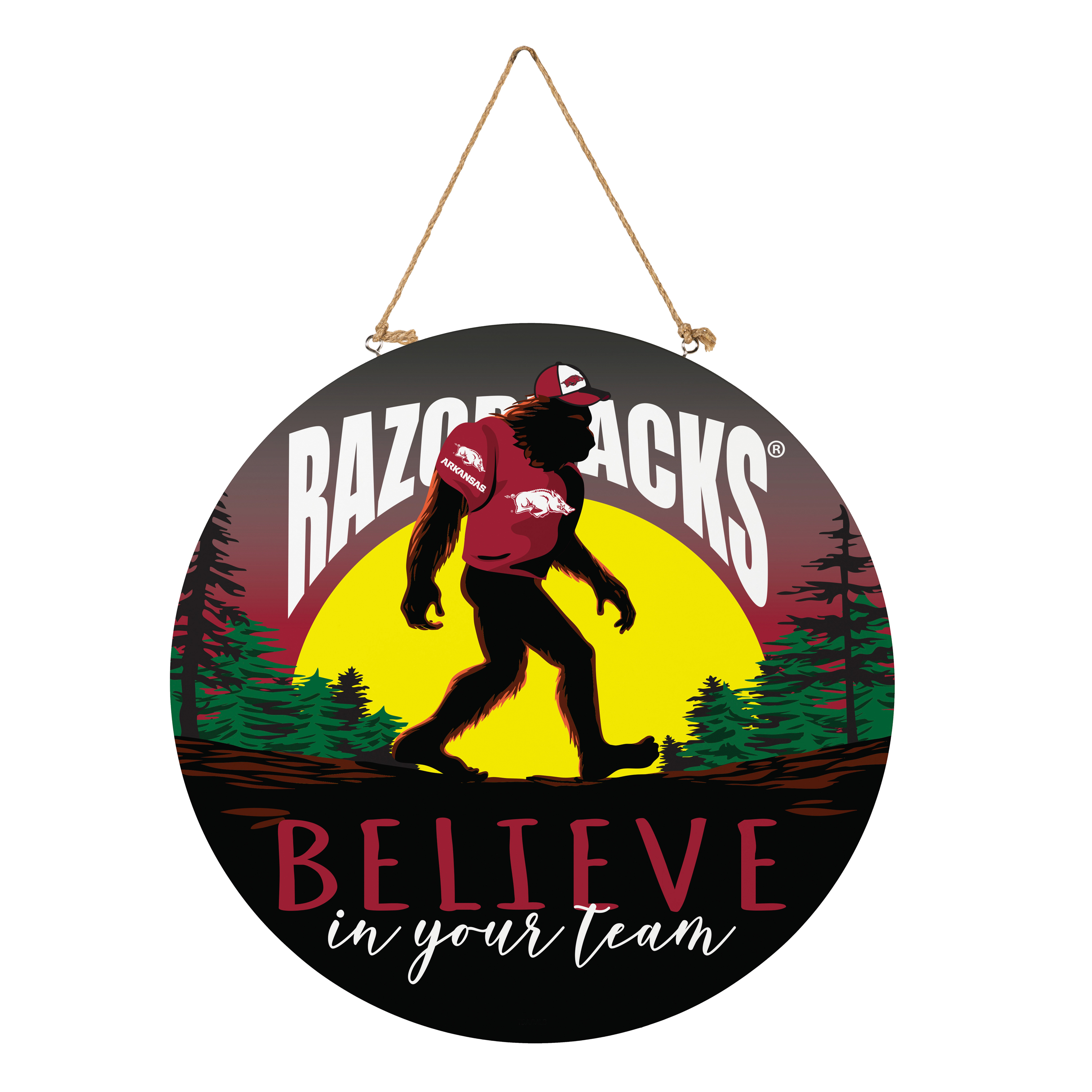Arkansas Razorbacks 18" Bigfoot "Believe in Yourself" Team Logo Wood Round Door Sign