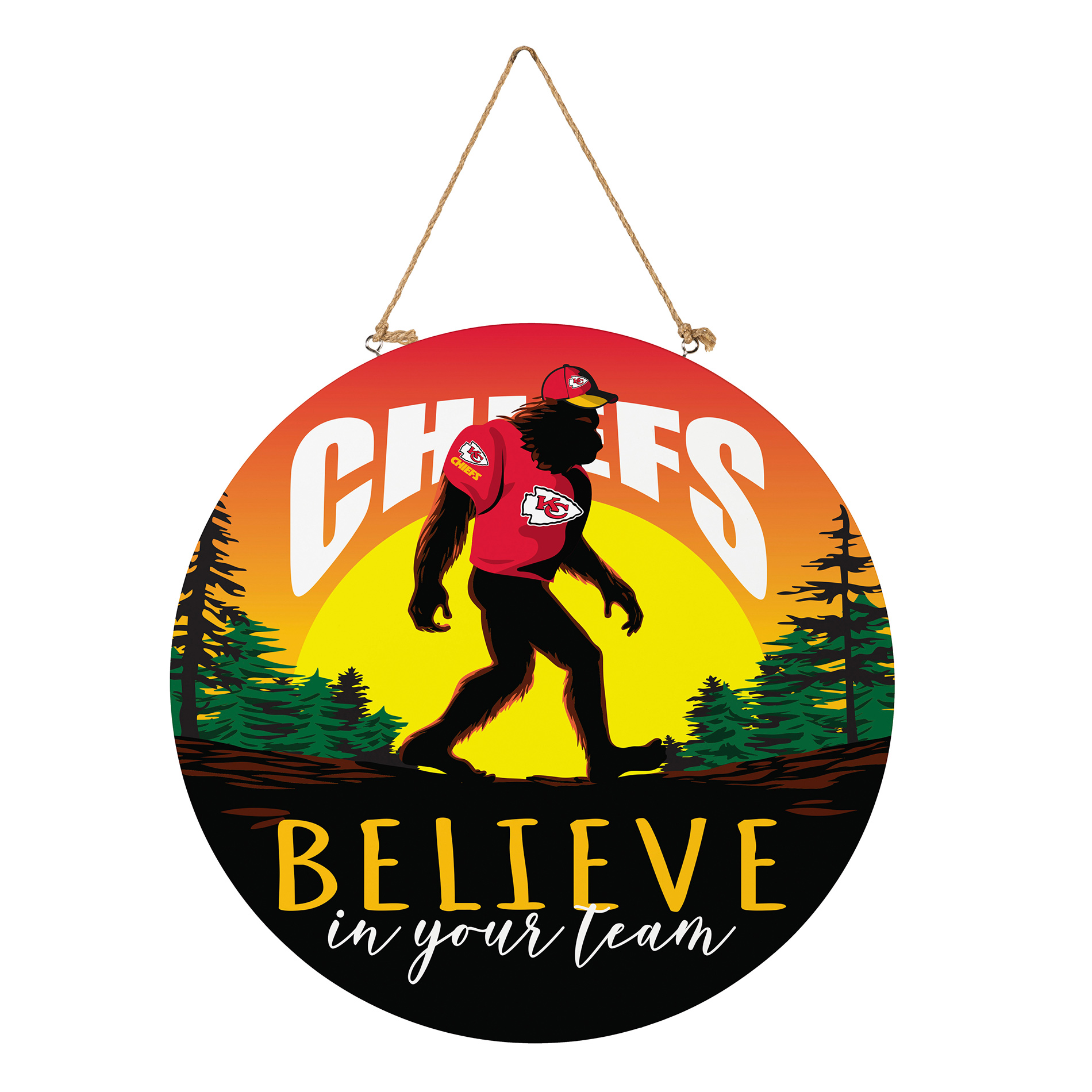 Kansas City Chiefs 18″ Bigfoot “Believe in Yourself” Team Logo Wood Round Door Sign