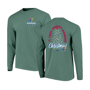 Men's  Green Kansas Jayhawks Comfort Colors Merry Christmas Tree Long Sleeve T-Shirt