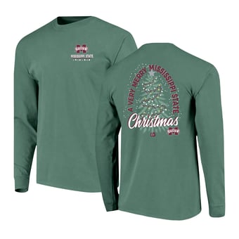 Men's  Green Mississippi State Bulldogs Comfort Colors Merry Christmas Tree Long Sleeve T-Shirt