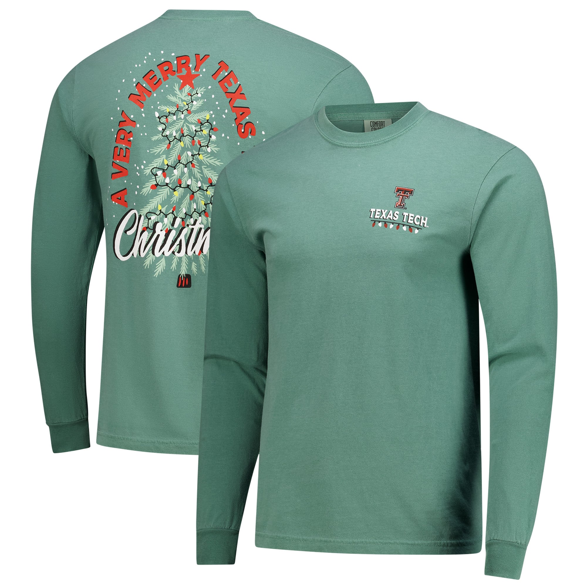 Men's Green Texas Tech Red Raiders Comfort Colors Merry Christmas Tree Long Sleeve T-Shirt