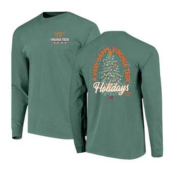 Men's  Green Virginia Tech Hokies Comfort Colors Merry Christmas Tree Long Sleeve T-Shirt