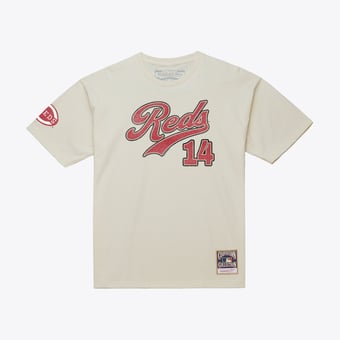 Men's Mitchell & Ness Pete Rose Cream Cincinnati Reds Cooperstown Collection Throwback Name & Number T-Shirt