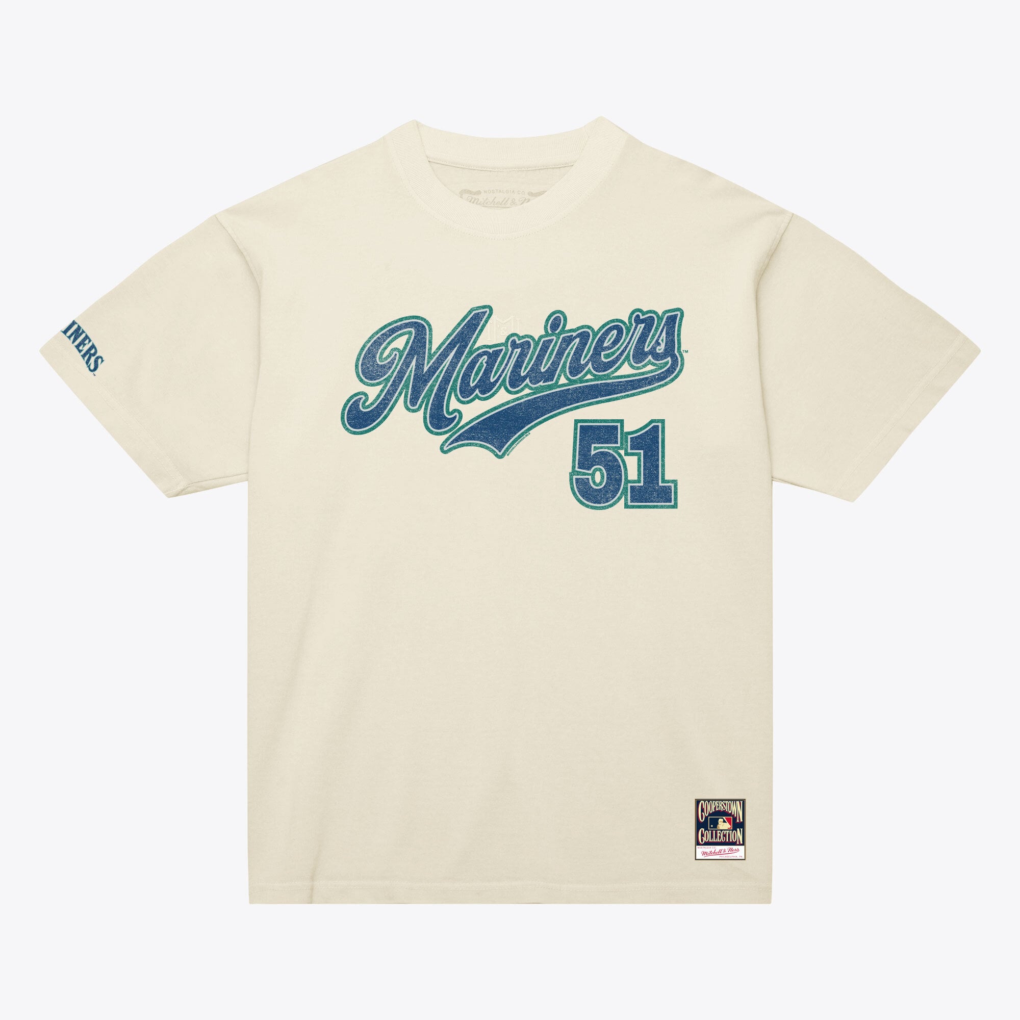 T-shirt da uomo Mitchell & Ness Ichiro Suzuki color crema, collezione Cooperstown, con nome e numero in stile retrò, dei Seattle Mariners.