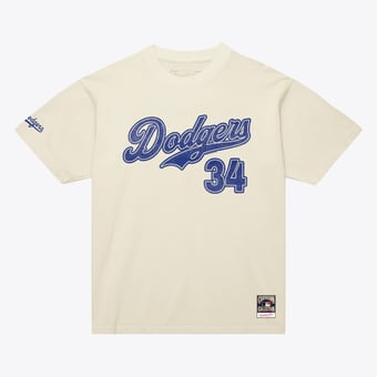 Men's Mitchell & Ness Fernando Valenzuela Cream Los Angeles Dodgers Cooperstown Collection Throwback Name & Number T-Shirt