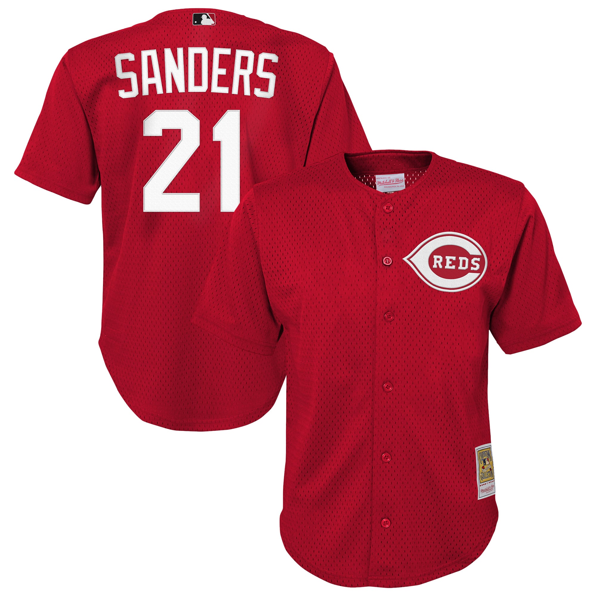 Youth Mitchell & Ness Deion Sanders Red Cincinnati Reds Cooperstown Mesh Batting Practice Jersey