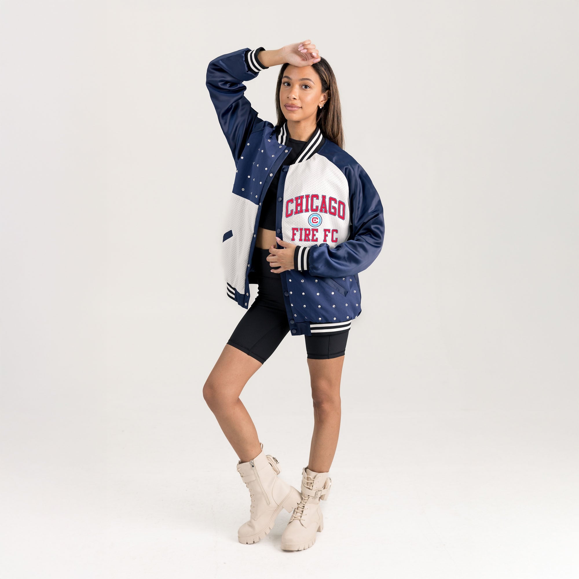 Women's Gameday Couture Navy Chicago Fire Refined Rivalries Rhinestone Raglan Full-Snap Varsity Bomber Jacket