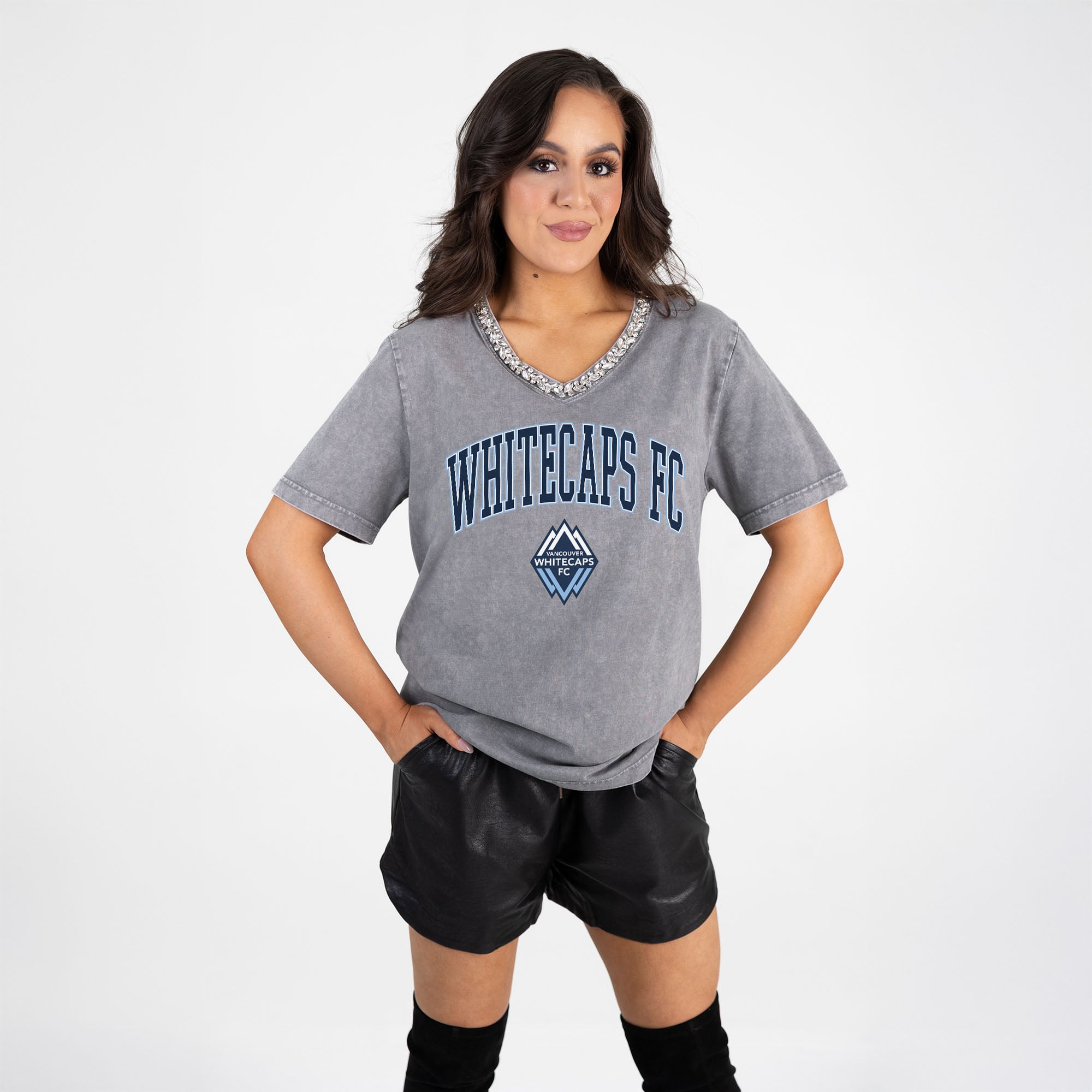 Women's Gameday Couture Gray Vancouver Whitecaps FC Relaxed Iconic Edge Rhinestone V-Neck T-Shirt
