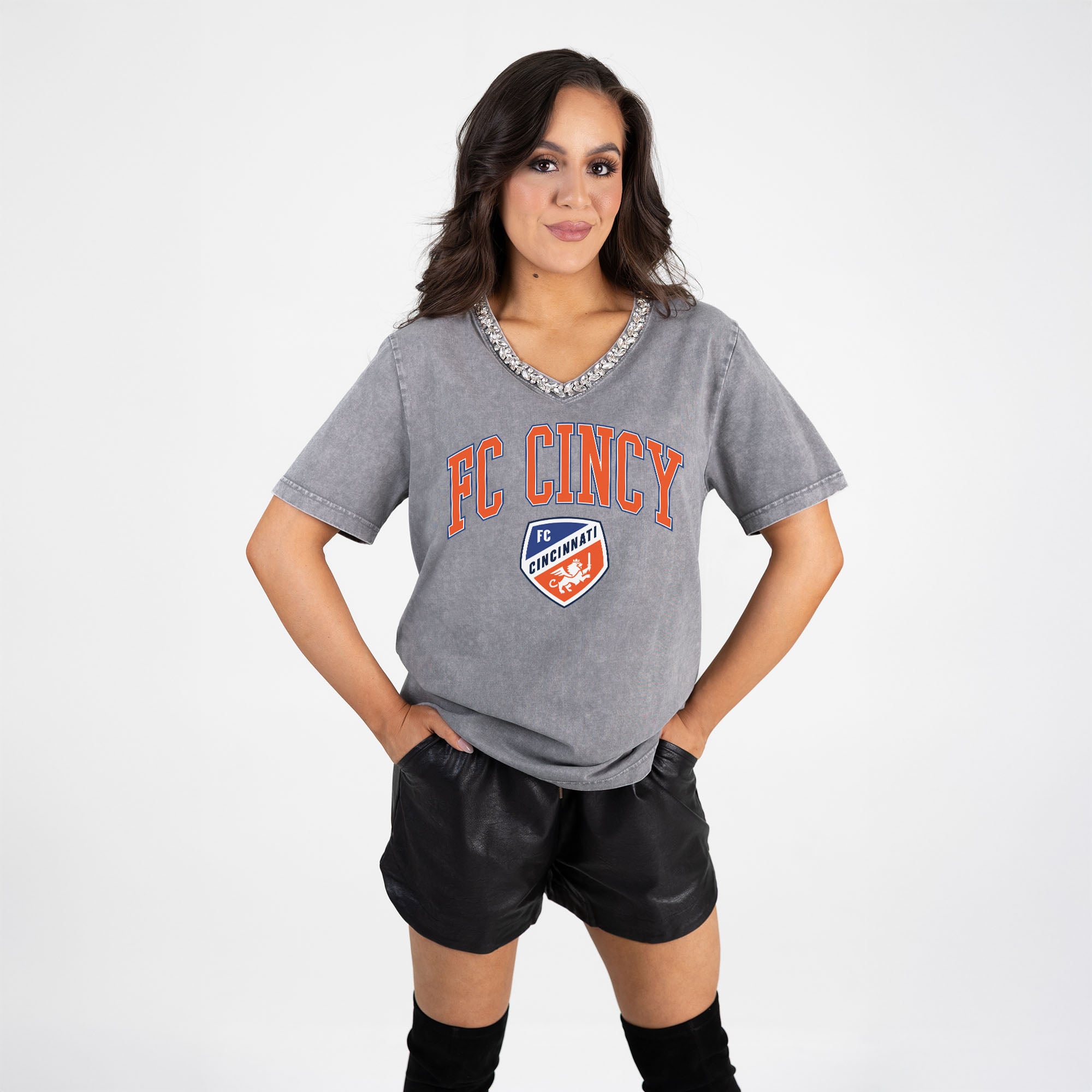Women's Gameday Couture Gray FC Cincinnati Relaxed Iconic Edge Rhinestone V-Neck T-Shirt