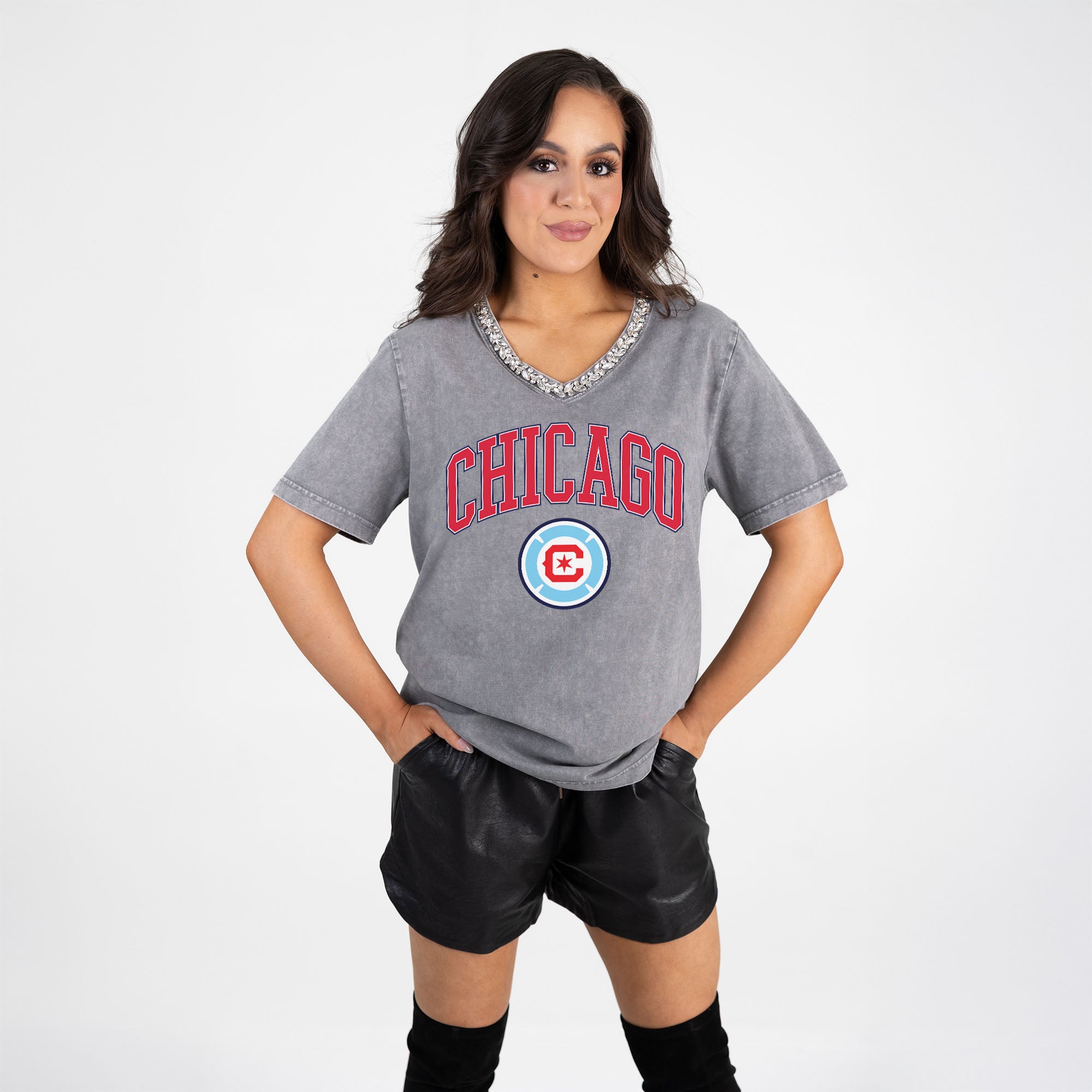 Women's Gameday Couture Gray Chicago Fire Relaxed Iconic Edge Rhinestone V-Neck T-Shirt