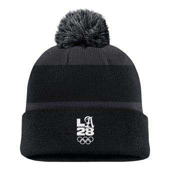 Men's Nike Black LA28 Summer Olympics Script Peak Stripe Cuffed Knit Hat with Pom