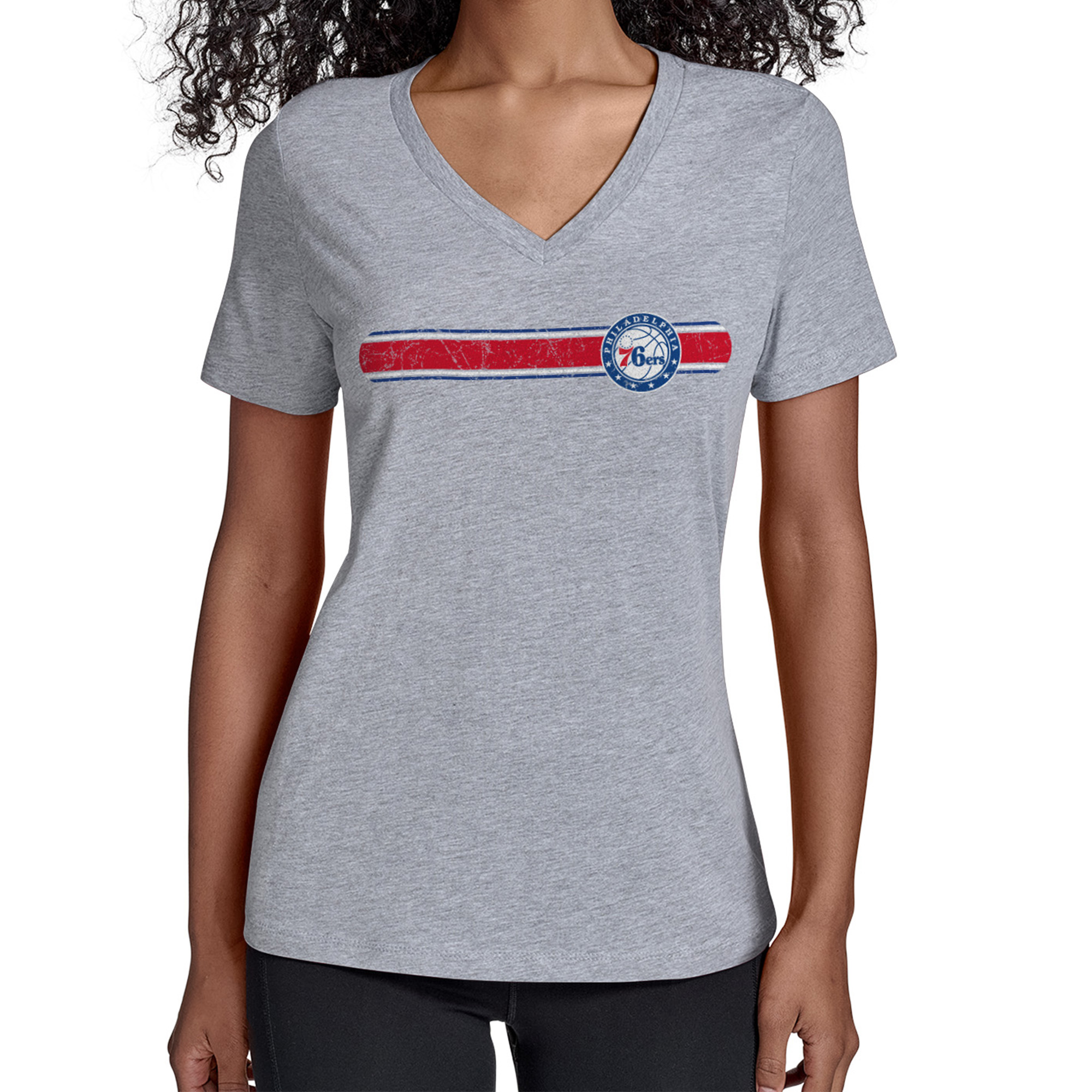 Women's Starter Gray Philadelphia 76ers Team Stripe V-Neck T-Shirt