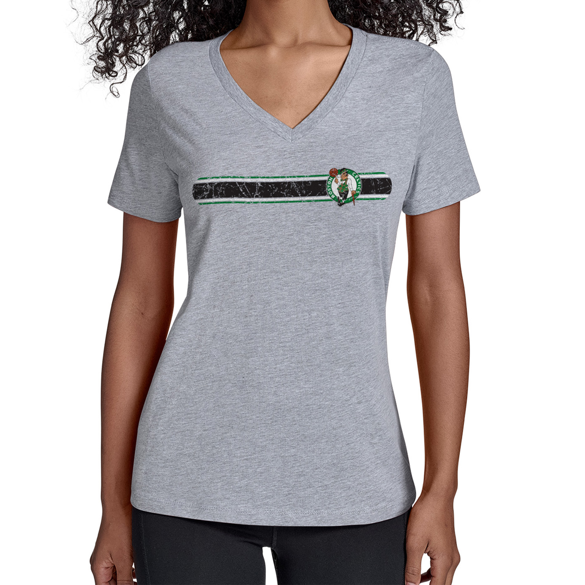 Women's Starter Gray Boston Celtics Team Stripe V-Neck T-Shirt