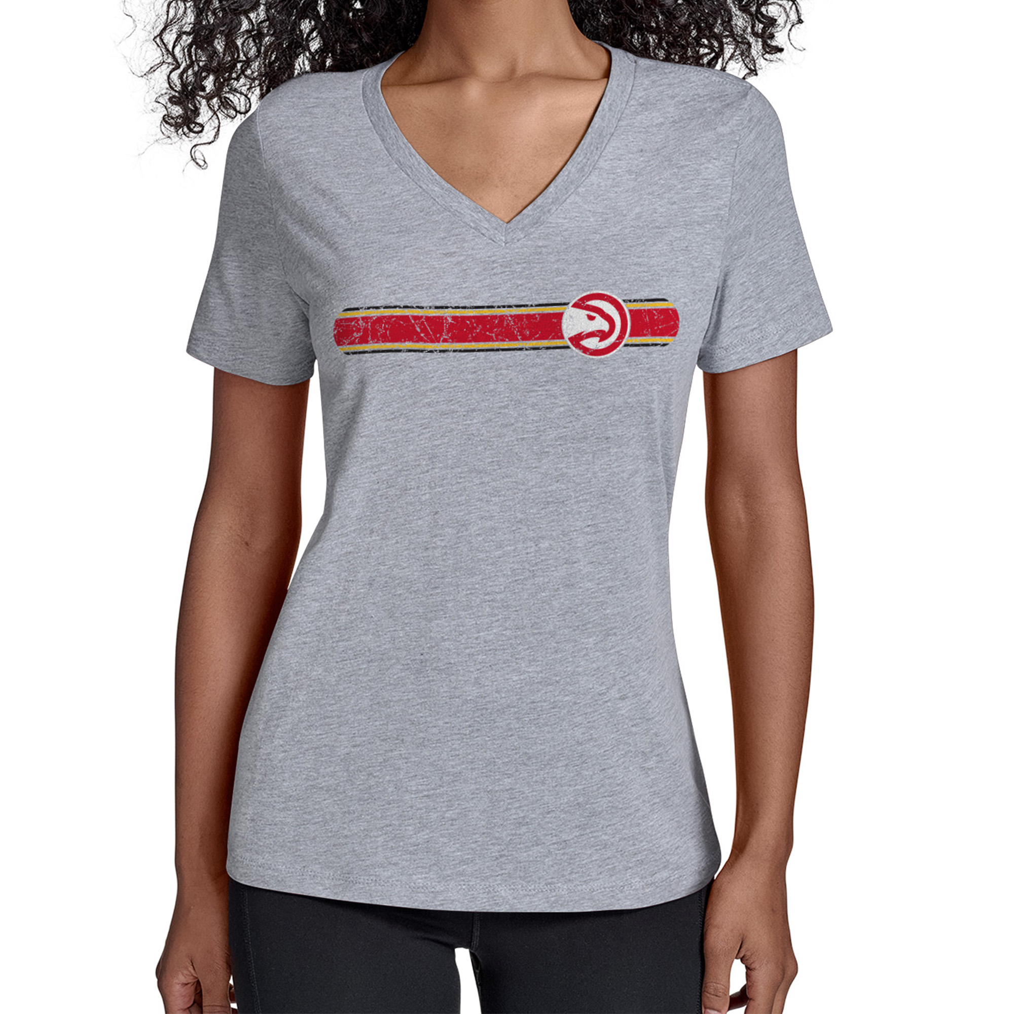 Women's Starter Gray Atlanta Hawks Team Stripe V-Neck T-Shirt