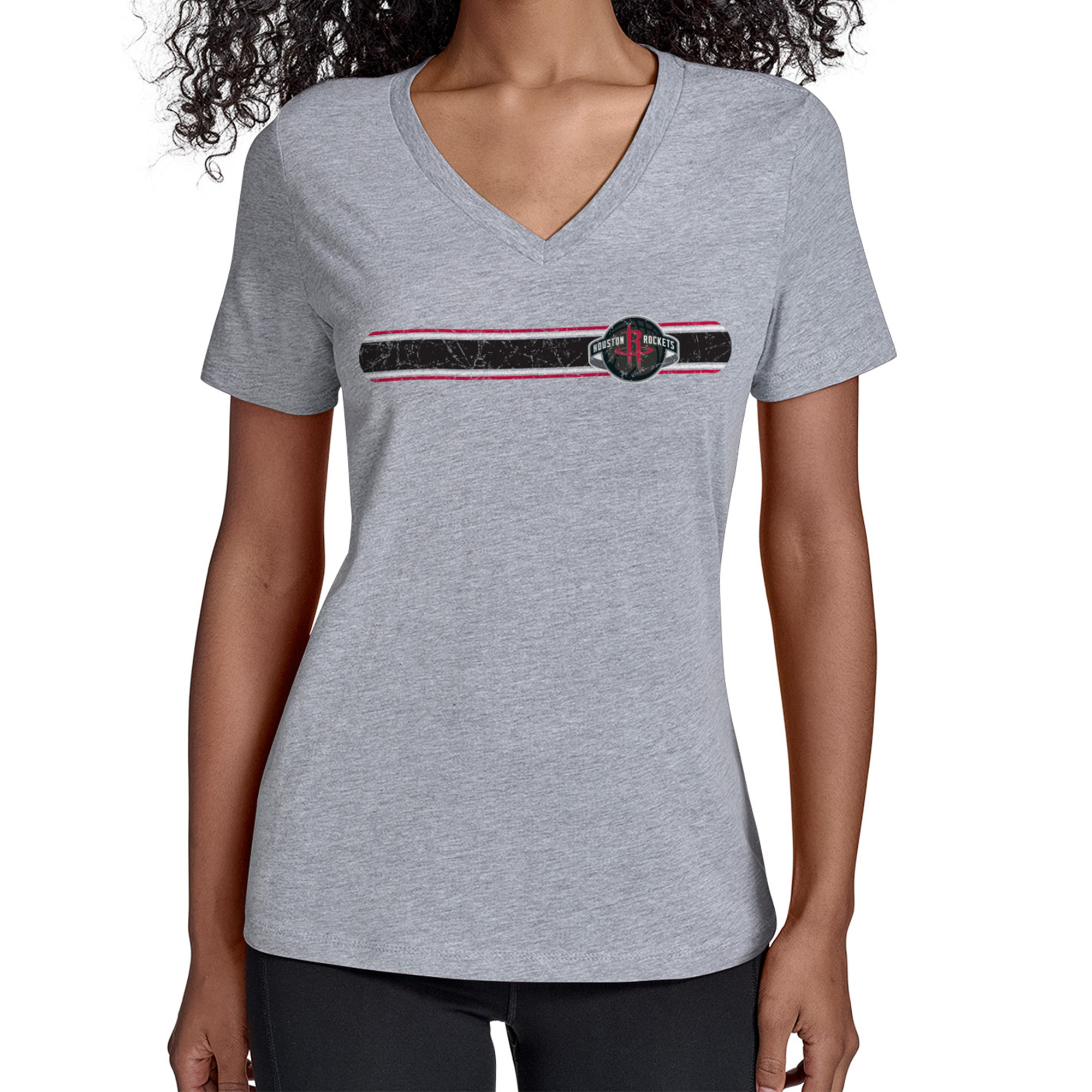 Women's Starter Gray Houston Rockets Team Stripe V-Neck T-Shirt
